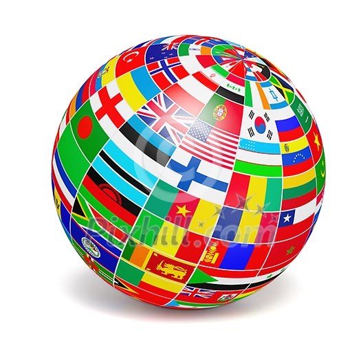 Travel and international business concept - 3d globe sphere with flags of the world on white background Travel and international business concept - 3d globe sphere with flags of the world on white background