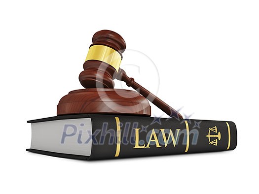 Law justice concept - wooden judge gavel on law book isolated on white background