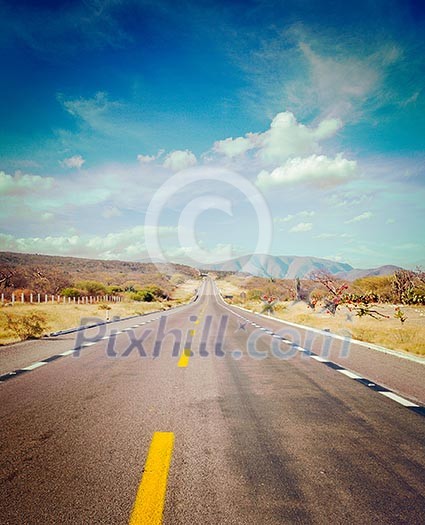 Vintage retro effect filtered hipster style image of travel forward concept background -  road in desert