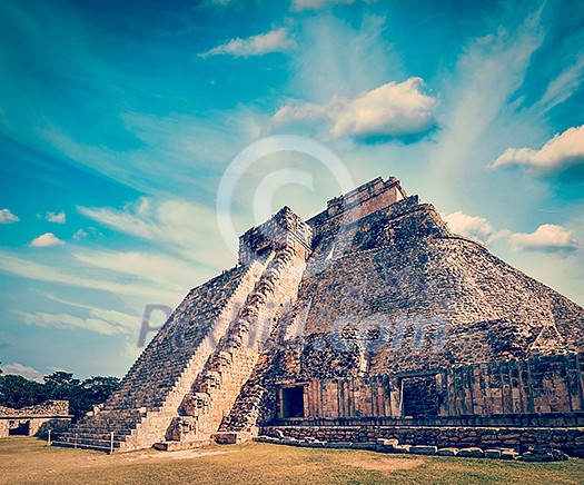 Vintage retro effect filtered hipster style image of anicent mayan pyramid in Uxmal, Mexico