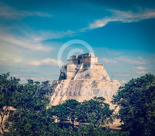 Vintage retro effect filtered hipster style image of ancient mayan pyramid Pyramid of the Magician in Uxmal, Merida, Yucatan, Mexico