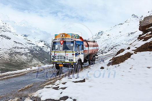 Manali-Leh road in Indian Himalayas with lorry. Himachal Pradesh, India