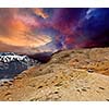 Road in mountains (Himalayas) with car. Spiti Valley,  Himachal Pradesh, India