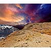 Road in mountains (Himalayas) with car. Spiti Valley,  Himachal Pradesh, India