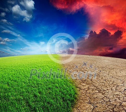 Ecology landscape - climate change concept, desert invasion Ecology landscape - climate change concept, desert invasion