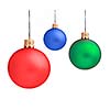 Several hanging Christmas baubles isolated on white background