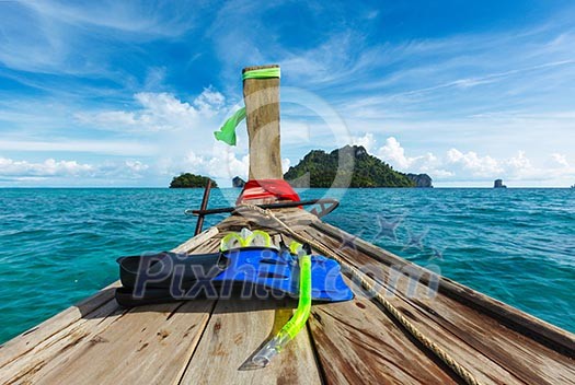 Snorkeling set on boat, sea, island. Thailand