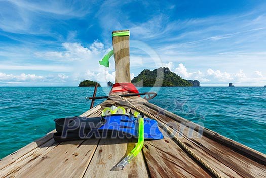 Snorkeling set on boat, sea, island. Thailand Snorkeling set on boat, sea, island. Thailand
