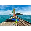 Snorkeling set on boat, sea, island. Thailand