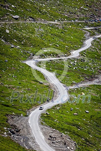 Serpentine road in Himalayas mountains. Himachal Pradesh, India