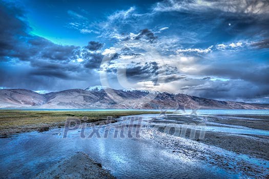 High dynamic range image (HDR) of Himalayan mountain lake in Himalayas Tso Moriri, Korzok,  Changthang area, Ladakh, Jammu and Kashmir, India