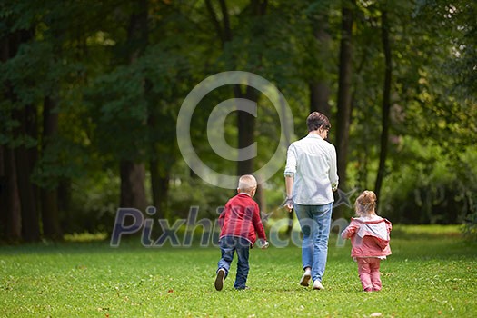 happy family playing together outdoor in park mother with kids running on grass happy family playing together outdoor in park mother with kids running on grass