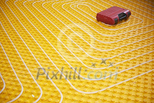 grouo of workera installing underfloor heating and colling in modern home grouo of workera installing underfloor heating and colling in modern home