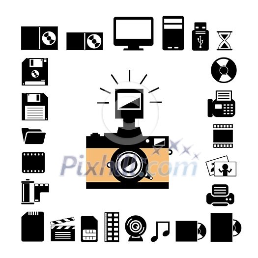 vector camera and storage icons set 