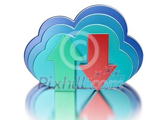 Remote database cloud computing technology storage upload download concept - 3 metal glossy cloud icons and download and upload arrows with reflection on white Remote database cloud computing technology storage upload download concept - 3 metal glossy cloud icons and download and upload arrows with reflection on white