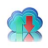 Remote database cloud computing technology storage upload download concept - 3 metal glossy cloud icons and download and upload arrows with reflection on white