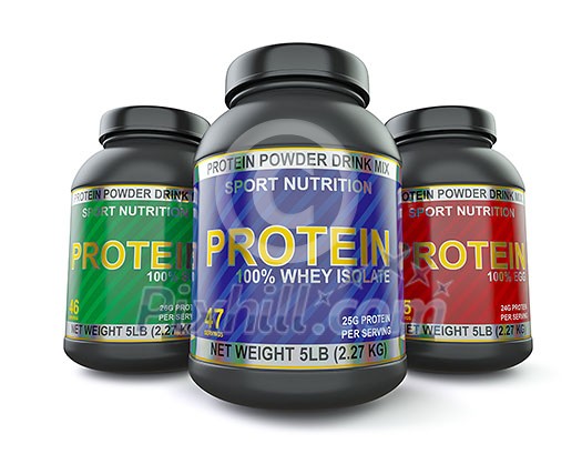 Sport nutrition and bodybuilding fitness supplements concept - whey isolate, soy and egg protein jar cans isolated on white background, wide angle shot Sport nutrition and bodybuilding fitness supplements concept - whey isolate, soy and egg protein jar cans isolated on white background, wide angle shot