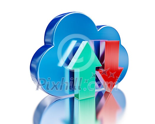 Remote database cloud computing technology storage upload download concept - metal glossy cloud icon and download and upload arrows with reflection on white Remote database cloud computing technology storage upload download concept - metal glossy cloud icon and download and upload arrows with reflection on white