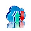 Remote database cloud computing technology storage upload download concept - metal glossy cloud icon and download and upload arrows with reflection on white