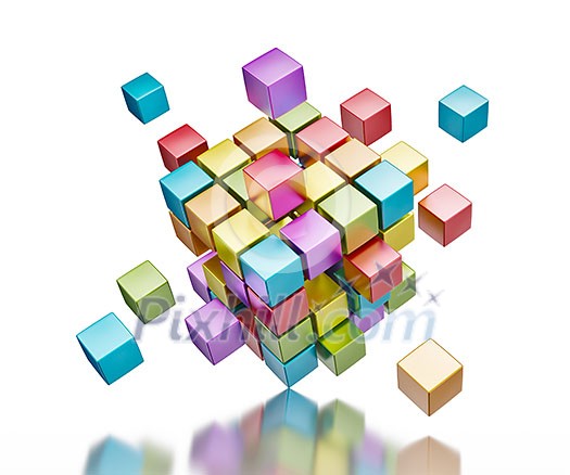 Business teamwork collaboration communication concept - colorful color cubes assembling into cubic structure isolated on white with reflection Business teamwork collaboration communication concept - colorful color cubes assembling into cubic structure isolated on white with reflection