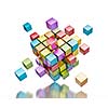 Business teamwork collaboration communication concept - colorful color cubes assembling into  cubic structure isolated on white with reflection