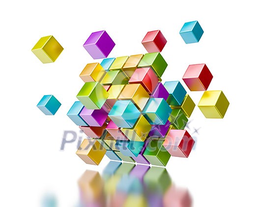 Business teamwork collaboration communication concept - colorful color cubes assembling into  cubic structure isolated on white with reflection