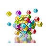 Business teamwork collaboration communication concept - colorful color cubes assembling into  cubic structure isolated on white with reflection