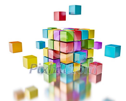 Business team teamwork collaboration concept - colorful color cubes assembling into  cubic structure isolated on white with reflection