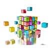 Business team teamwork collaboration concept - colorful color cubes assembling into  cubic structure isolated on white with reflection