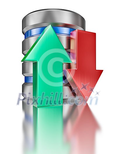 Database upload download concept - hard disk drive data storage database icon symbol with arrows isolated on white background Database upload download concept - hard disk drive data storage database icon symbol with arrows isolated on white background