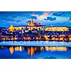 Travel Prague Europe background - view of Prague Castle and St. Vitus cathedral in twilight with dramatic sky. Prague, Czech Republic