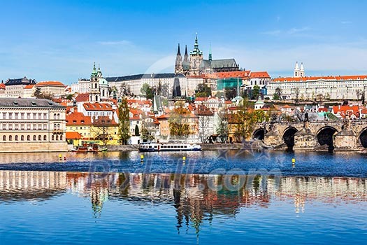 View of and Gradchany Prague Castle and St. Vitus Cathedral over Vltava river View of and Gradchany Prague Castle and St. Vitus Cathedral over Vltava river