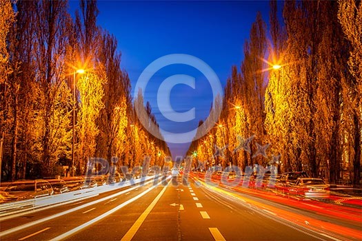 Street road in evening with motion blur. Munich, Germany