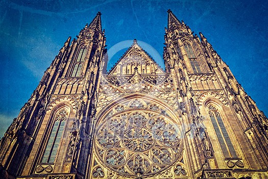 Vintage retro hipster style travel image of gothic architecture facade of St. Vitus Catherdal, Prague, Czech Republic with grunge texture overlaid
