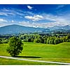 Road in pastoral idyllic german countryside with Bavarian Alps in background on beautiful summer day