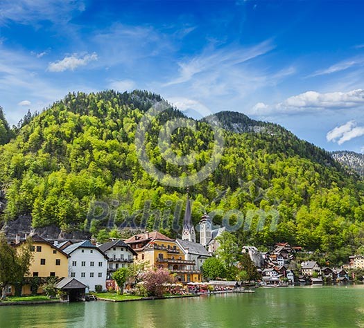 Austrian tourist destination Hallstatt village on  Hallstatter See in Austrian alps. Salzkammergut region, Austria