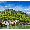 Austrian tourist destination Hallstatt village on  Hallstatter See in Austrian alps. Salzkammergut region, Austria