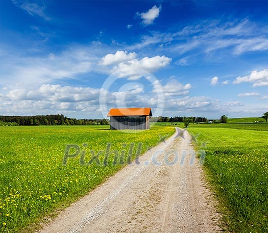 Rural road in summer meadow with wooden shed. Bavaria, Germany Rural road in summer meadow with wooden shed. Bavaria, Germany