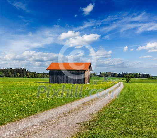 Rural road in summer meadow with wooden shed. Bavaria, Germany Rural road in summer meadow with wooden shed. Bavaria, Germany