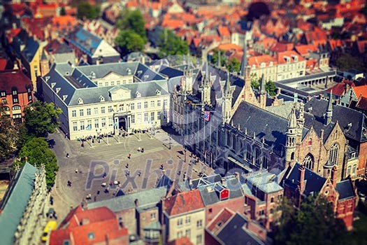Vintage retro hipster style travel image of aerial view of the Burg square with the City Hall. Bruges (Brugge) , Belgium