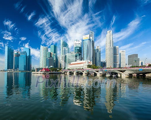Singapore business district skyscrapers skyline and Marina Bay in daytime
