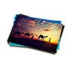 Holidays travel concept creative background - stack of vacation photos with camel caravan sunset image on top isolated on white background