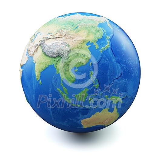 Earth isolated on white background with soft shadow. Focus on China, South East Asia, Australia, Oceania. Map and earth data used is computer generated in public domain from www.naturalearthdata.com