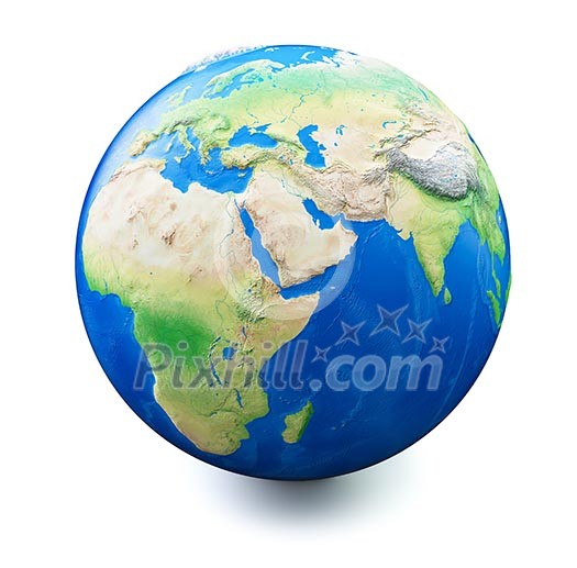 Earth isolated on white background with soft shadow. Map and earth data used is computer generated in public domain from www.naturalearthdata.com