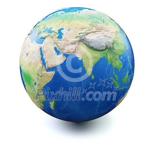 Earth isolated on white background with soft shadow. Focus on India and Middle East, Map and earth data used is computer generated in public domain from www.naturalearthdata.com Earth isolated on white background with soft shadow. Focus on India and Middle East, Map and earth data used is computer generated in public domain from www.naturalearthdata.com