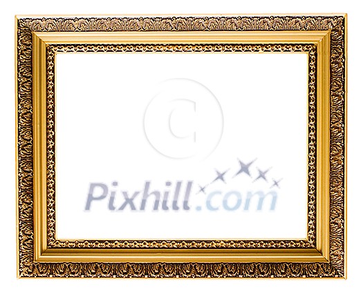 Empty gold plated wooden picture frame isolated on white backround