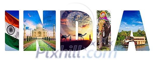 Travel Indica concept background - India text with indian tourist attractions iconic images on letters