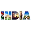 Travel Indica concept background - India text with indian tourist attractions iconic images on letters