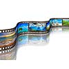 Global tourism travel concept - photo film with travel images with reflection on white background