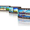 Global travel world countries concept - photo film with travel images with reflection on white background